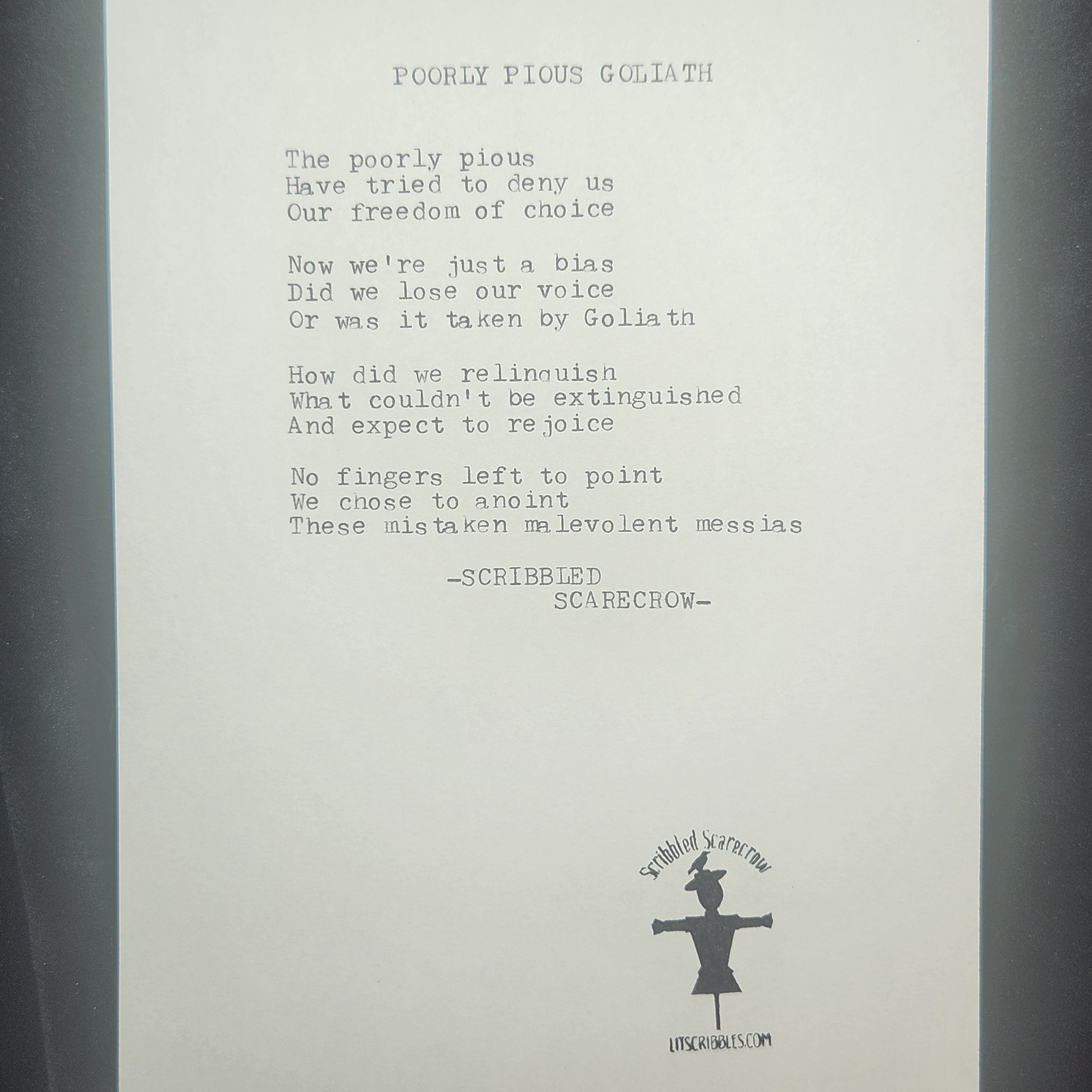 Poorly Pious Goliath-Typewriter Poem 8.5x5.5"