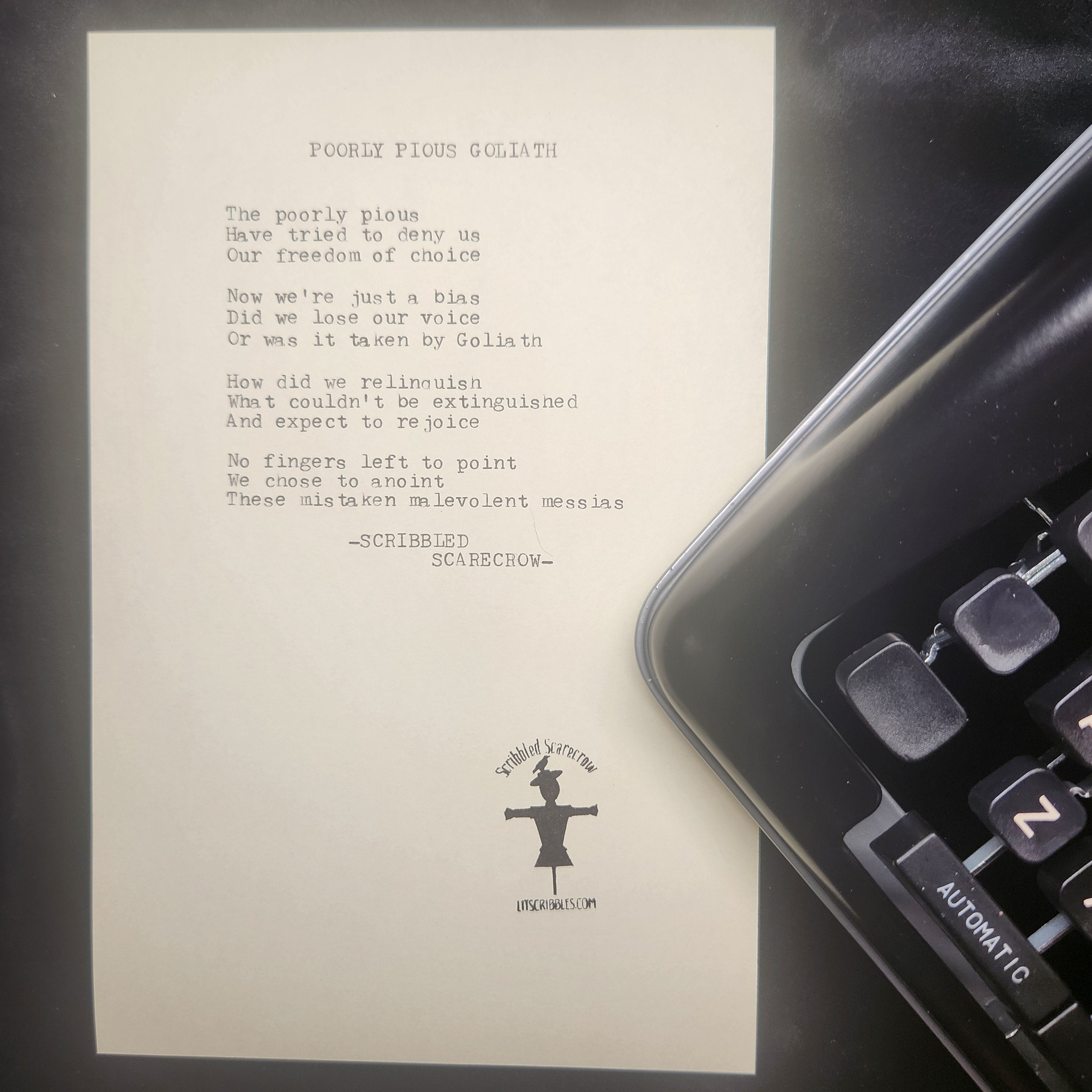 Poorly Pious Goliath-Typewriter Poem 8.5x5.5"